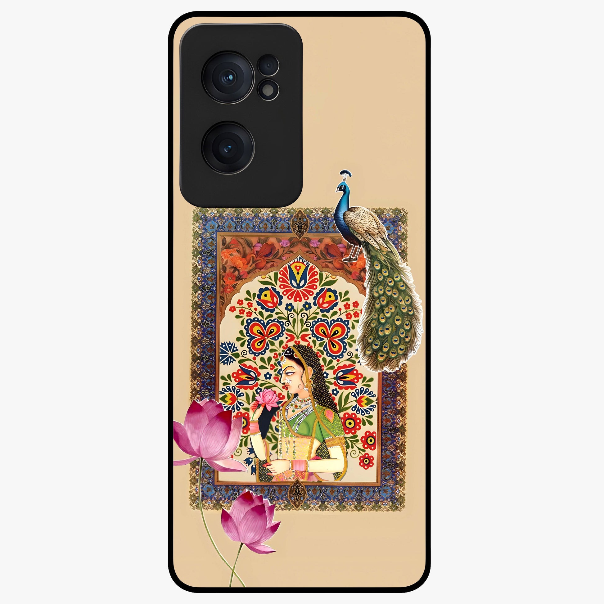 Mughal Princess and Peacock Glass Case for 1+Nord CE 2  royal front view featuring intricate princess and peacock artwork