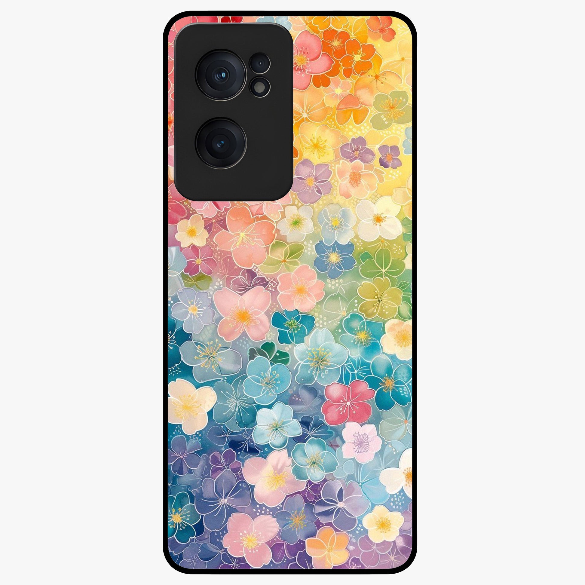 Multiple Background With Flower Glass Case for 1+Nord CE 2  vibrant front view featuring layered floral artwork on mixed backgrounds