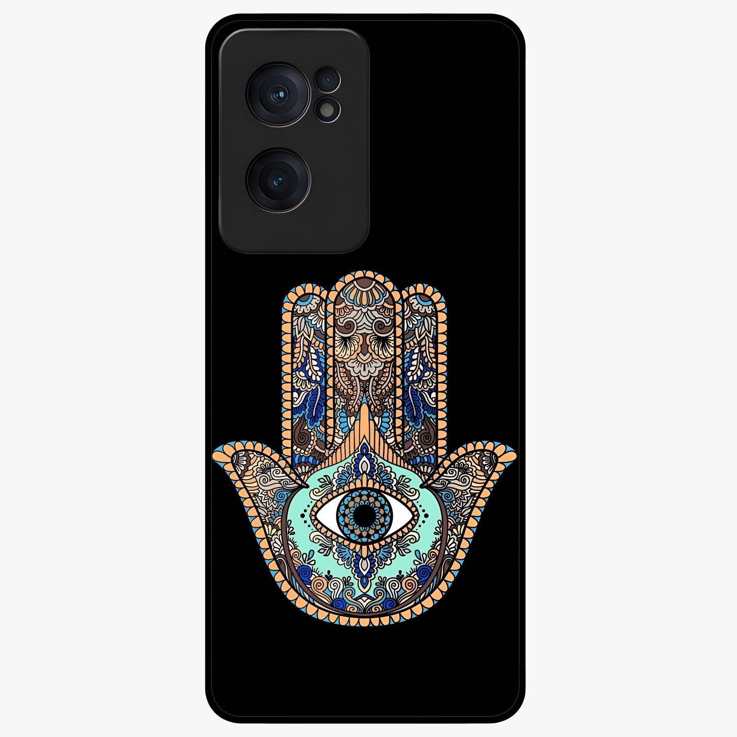 Mystic Hamsa Eye Glass Case for 1+Nord CE 2  symbolic front view featuring traditional hamsa eye artwork