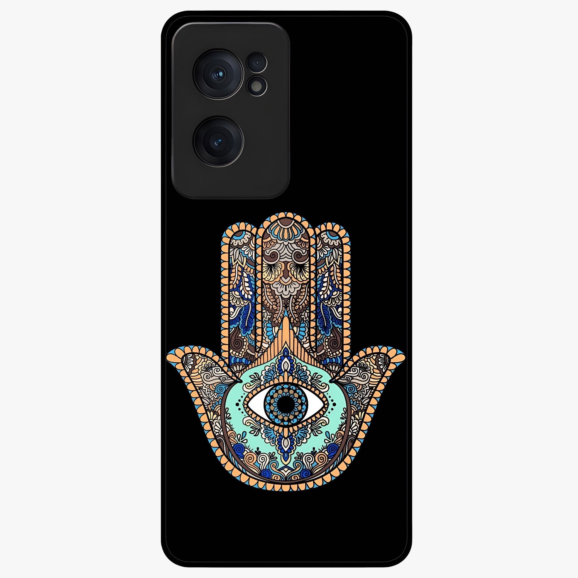 Mystic Hamsa Eye Glass Case for 1+Nord CE 2  symbolic front view featuring traditional hamsa eye artwork