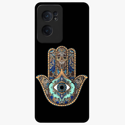 Mystic Hamsa Eye Glass Case for 1+Nord CE 2  symbolic front view featuring traditional hamsa eye artwork