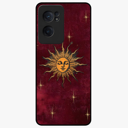 Mystic Solar Glow Glass Case for 1+Nord CE 2  radiant front view featuring glowing sun inspired mystical artwork