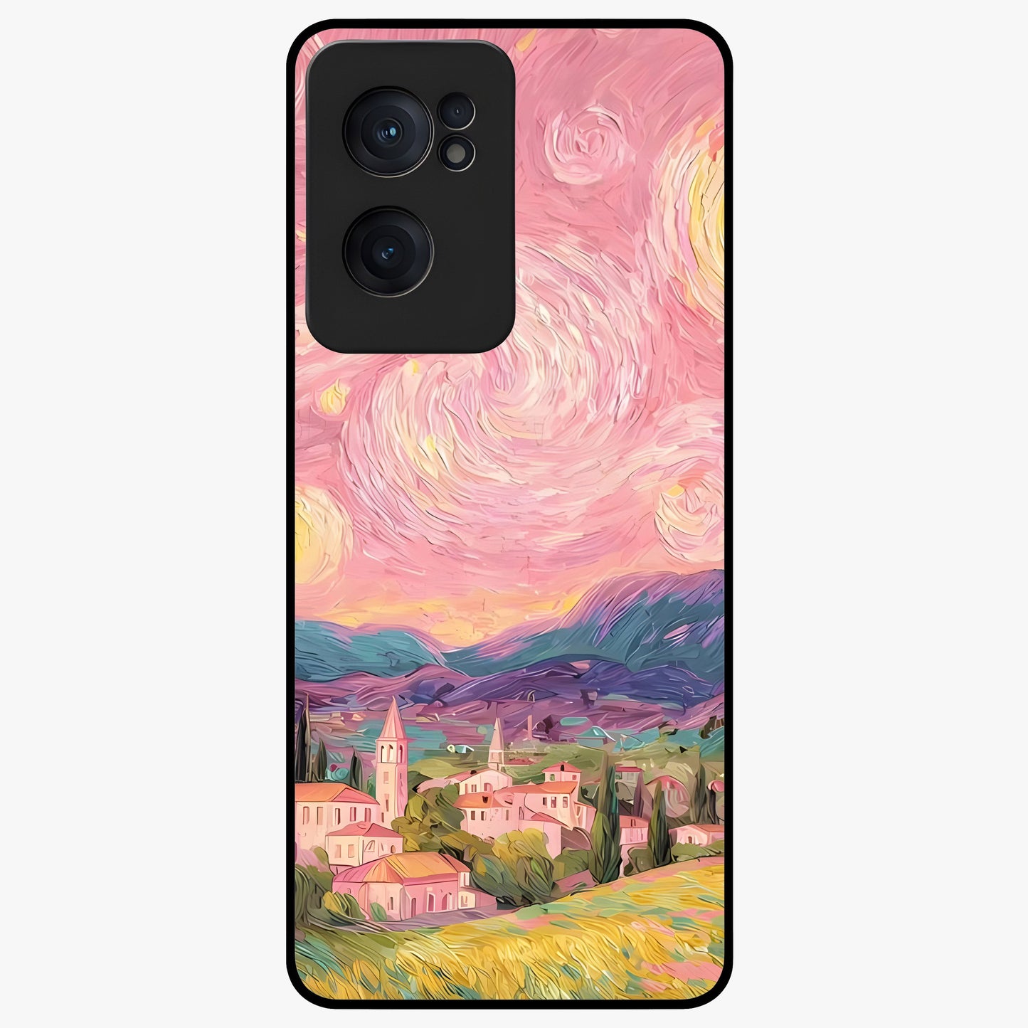Pastel Starry Village Glass Case for 1+Nord CE 2  dreamy front view featuring village artwork under pastel night sky