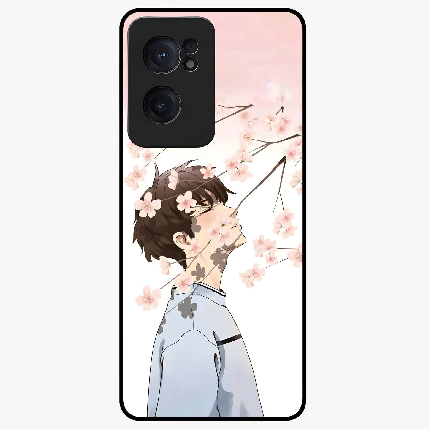 Pink Blossom Boy Glass Case for 1+Nord CE 2  aesthetic front view featuring illustrated character with pink floral accents