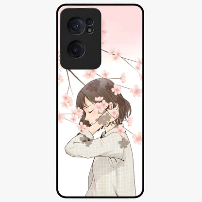 Pink Blossom Girl Glass Case for 1+Nord Ce 2  charming front view featuring illustrated girl with pink blossom artwork