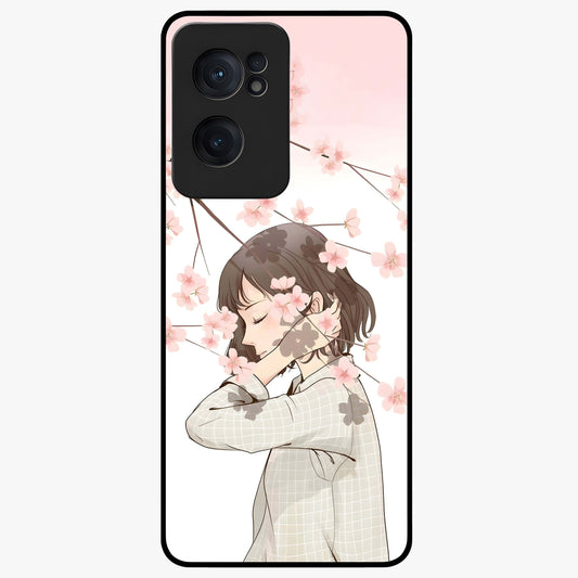 Pink Blossom Girl Glass Case for 1+Nord Ce 2  charming front view featuring illustrated girl with pink blossom artwork
