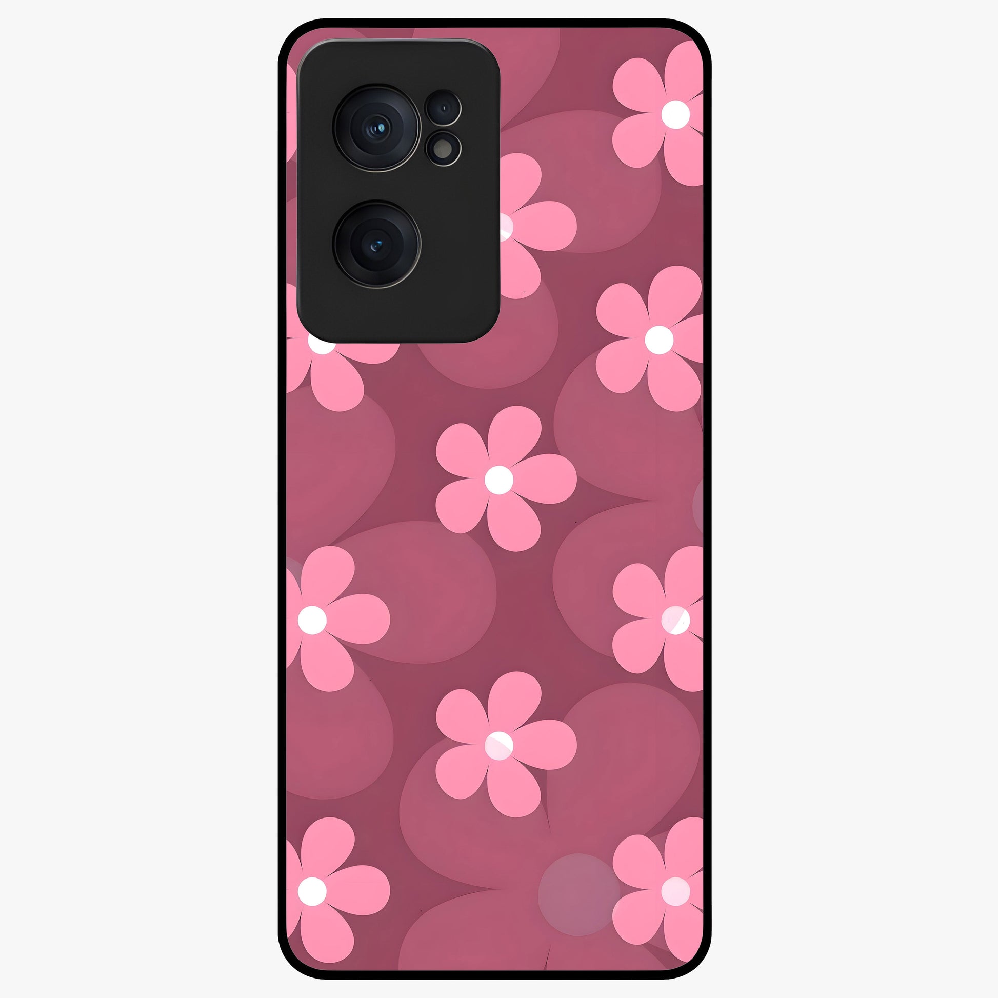 Pink Daisy Flower Pattern Glass Case for 1+Nord CE 2  cheerful front view featuring daisy floral artwork in pink tones