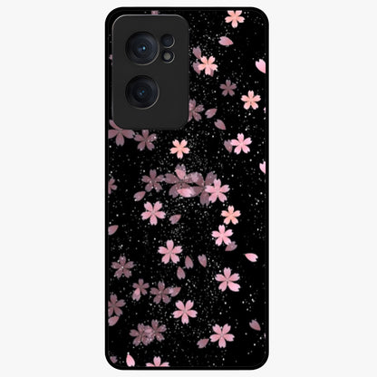 Pink Flower Black Background Glass Case for 1+Nord CE 2  striking front view featuring vibrant pink flower on dark backdrop