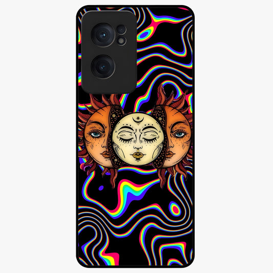 Psychedelic Sun Glass Case for 1+Nord Ce 2  artistic front view featuring vibrant sun artwork in psychedelic colors