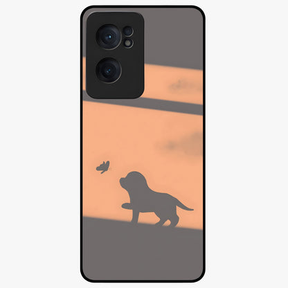 Puppy Shadow Art Glass Case for 1+Nord CE 2  charming front view featuring artistic puppy silhouette artwork