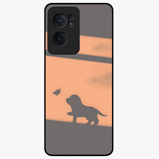 Puppy Shadow Art Glass Case for 1+Nord Ce 2  charming front view featuring artistic puppy silhouette artwork