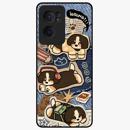 Puppy Sticker Parade Glass Case for 1+Nord CE 2  playful front view featuring multiple puppy sticker style artwork