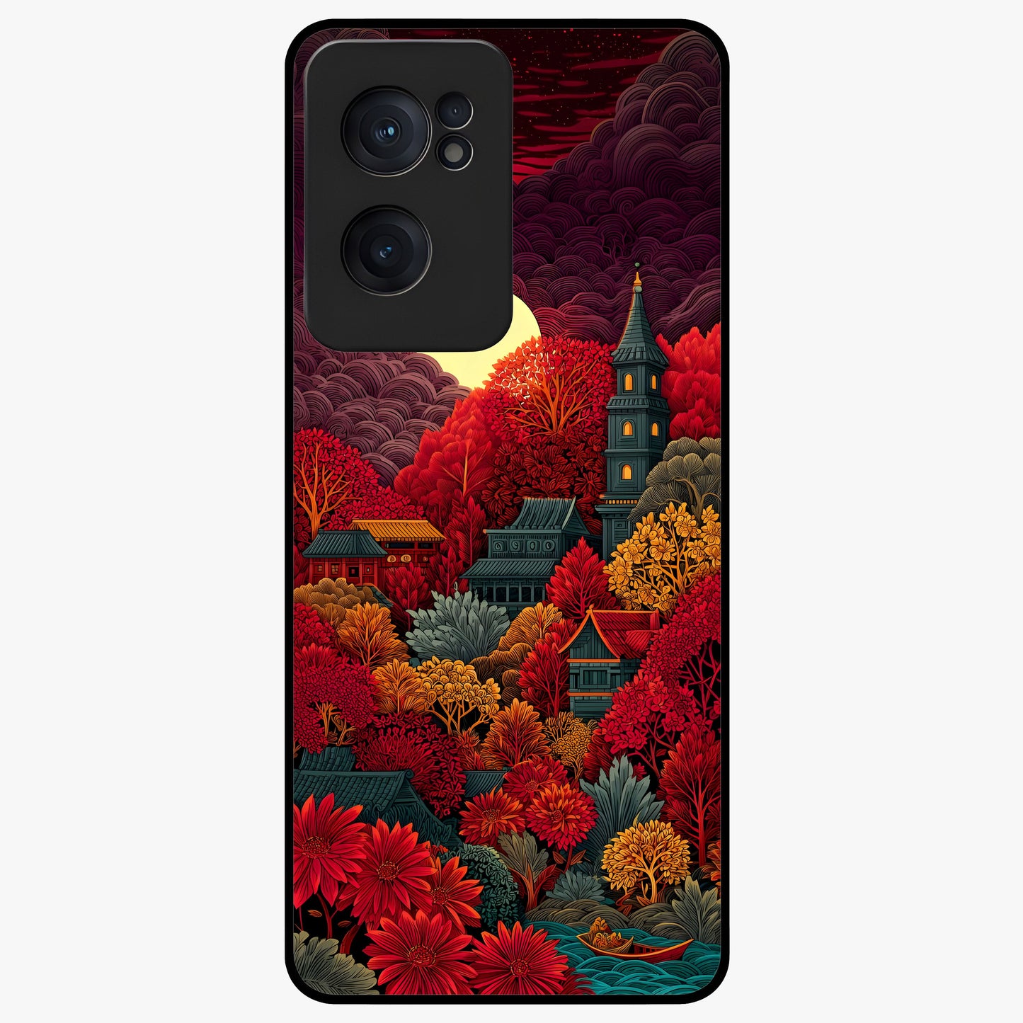 Red Scenery Hot Glass Case for 1+Nord CE 2  dramatic front view featuring bold red landscape artwork