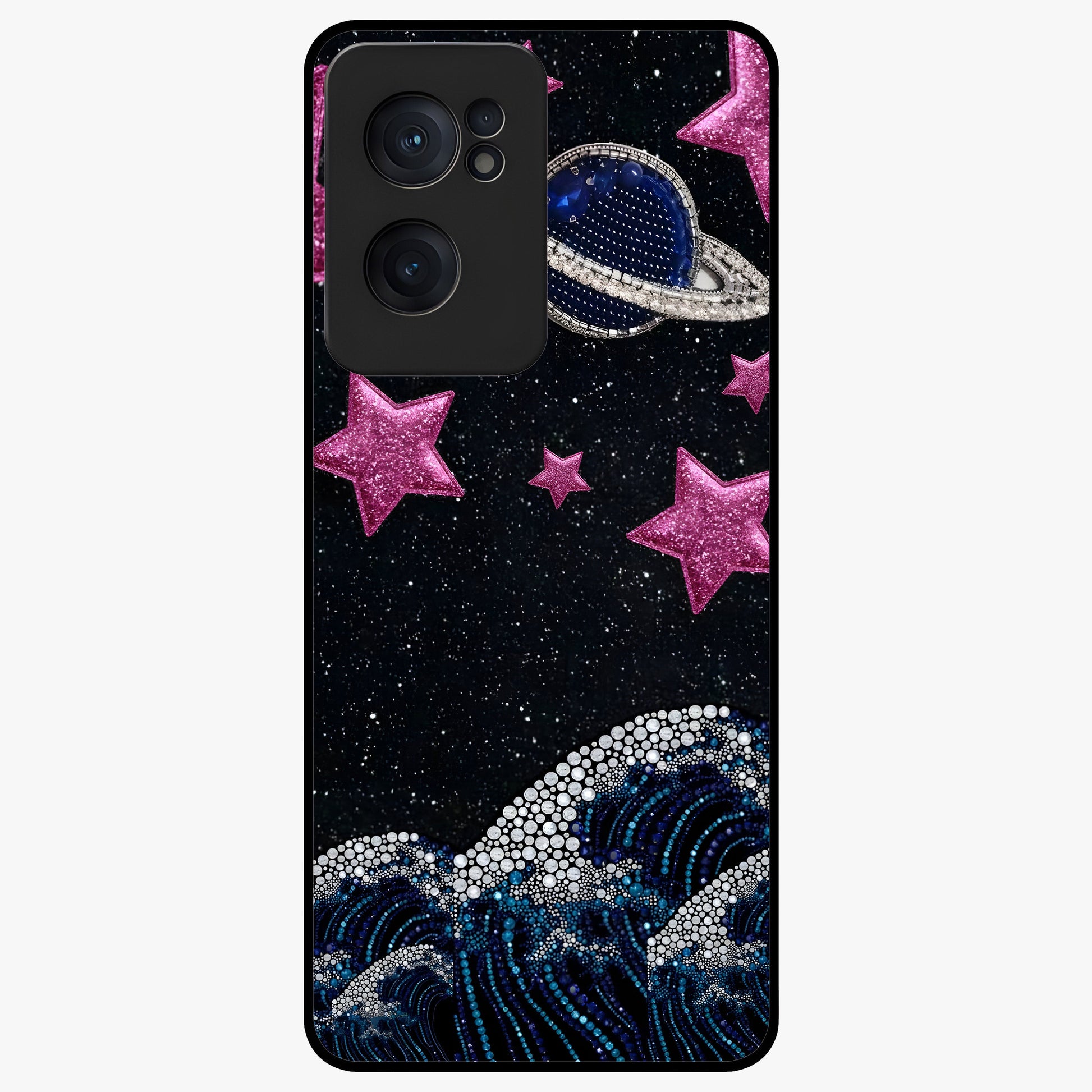 Saturn Pink Storm Glass Case for 1+Nord CE 2  bold front view featuring cosmic Saturn artwork in vibrant pink tones