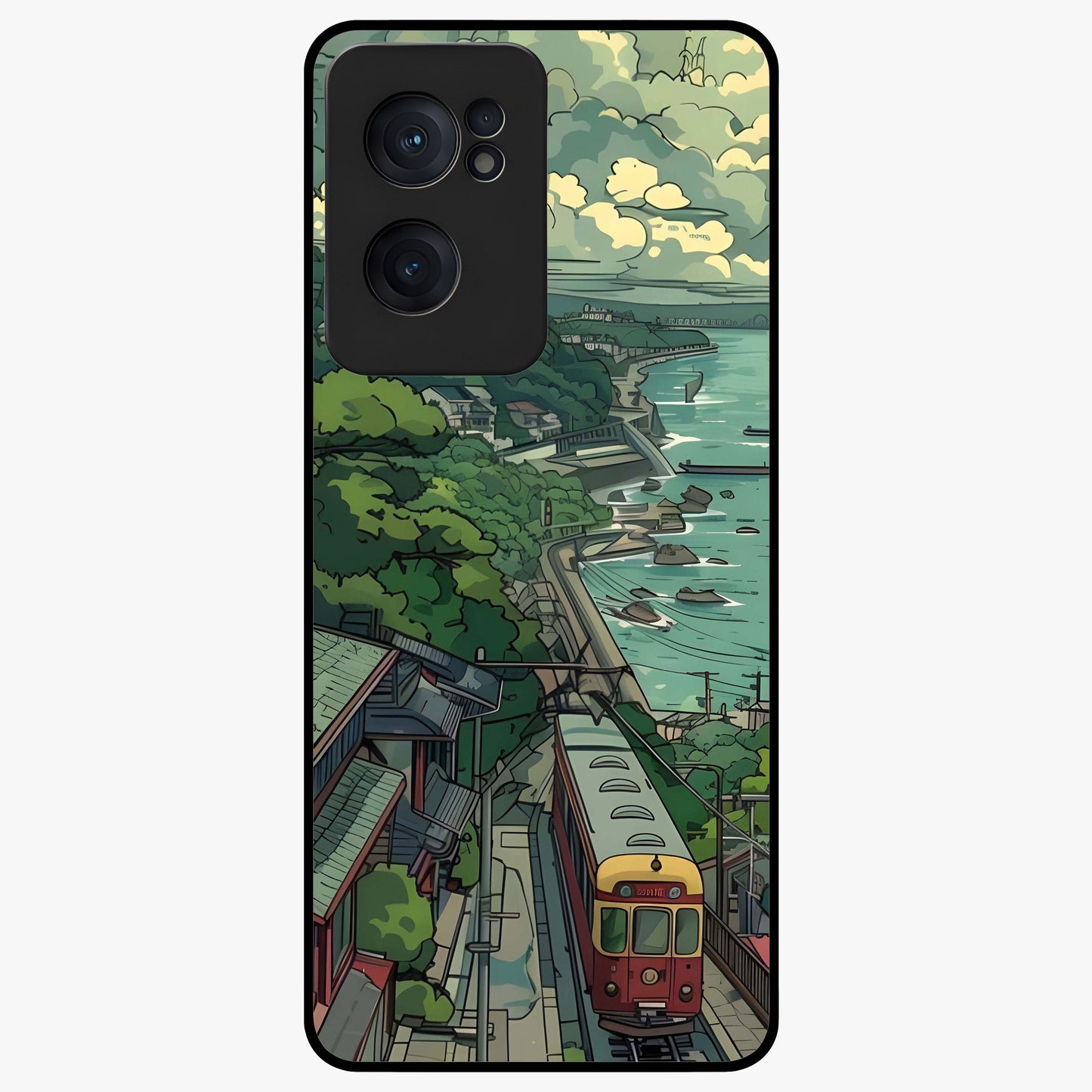 Seaside Train Ride Glass Case for 1+Nord CE 2  scenic front view featuring coastal train landscape artwork