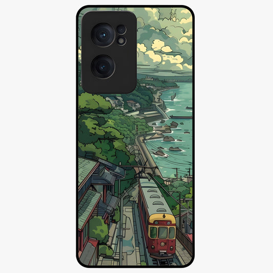 Seaside Train Ride Glass Case for 1+Nord Ce 2  scenic front view featuring coastal train landscape artwork