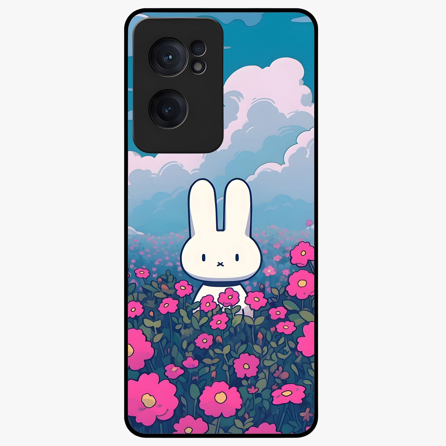 Springtime Blossom Bunny Glass Case for 1+Nord CE 2  adorable front view featuring bunny artwork with spring floral accents