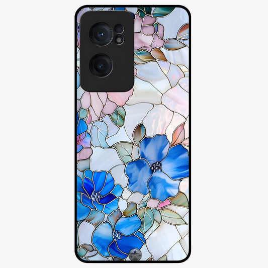 Stained Blue Floral Glass Case for 1+Nord Ce 2  elegant front view featuring blue stained glass inspired floral artwork