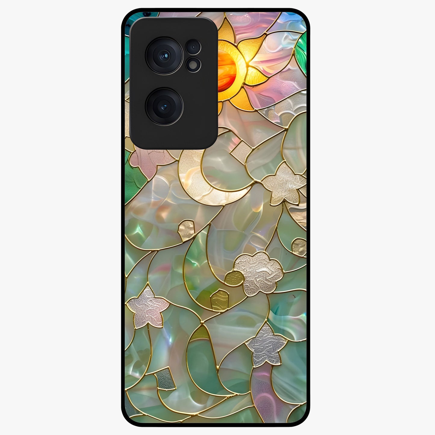 Stained Sunrise Glow Glass Case for 1+Nord CE 2  radiant front view featuring sunrise inspired stained glass artwork