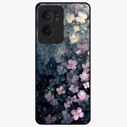 Starlit Blossom Dreams Glass Case for 1+Nord CE 2  dreamy front view featuring floral artwork under sparkling night sky