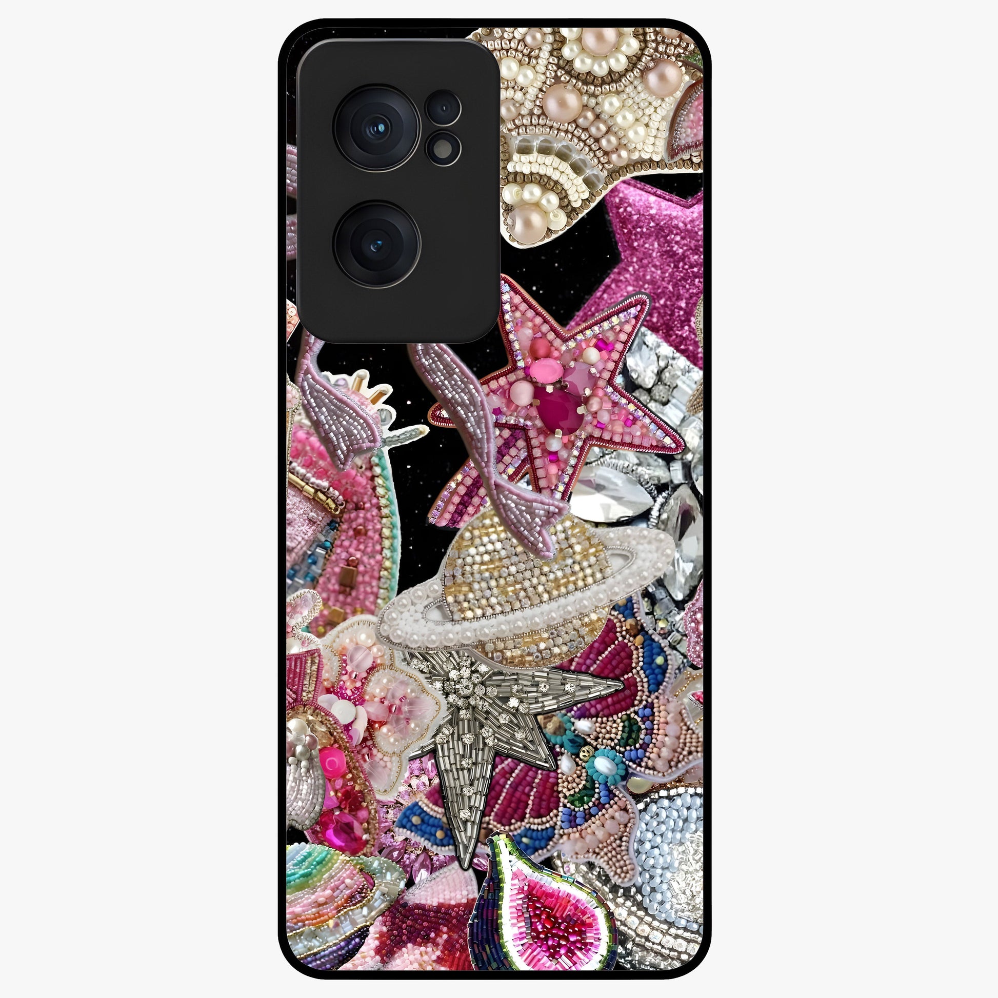 Starlit Jewel Dream Glass Case for 1+Nord CE 2  luxurious front view featuring jewel inspired artwork with star accents