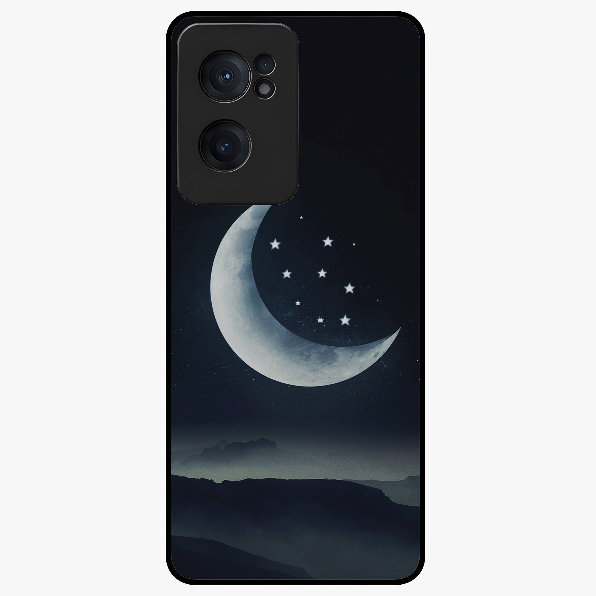 Starry Moon Pattern Glass Case for 1+Nord Ce 2  dreamy front view featuring moon and star patterned artwork