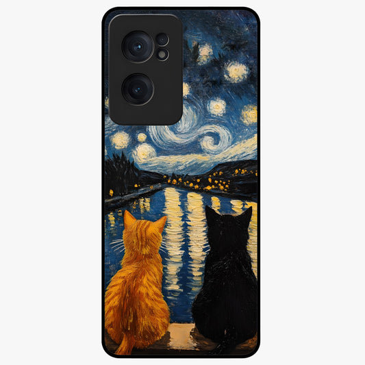 Starry River Cats Glass Case for 1+Nord Ce 2  artistic front view featuring cats by a glowing river under starry sky
