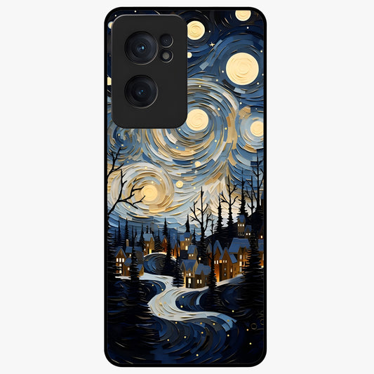 Starry Winter Town Glass Case for 1+Nord Ce 2  scenic front view featuring snowy town artwork under sparkling night sky