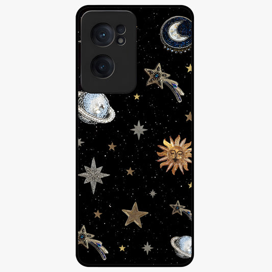 Stars and Planets Brooches Glass Case for 1+Nord Ce 2  elegant front view featuring celestial jewelry inspired artwork