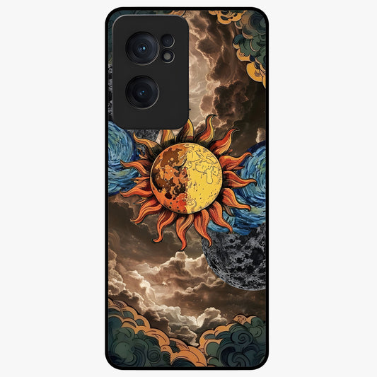 Sun Moon Stormy Sky Glass Case for 1+Nord Ce 2  dramatic front view featuring sun and moon artwork over stormy sky