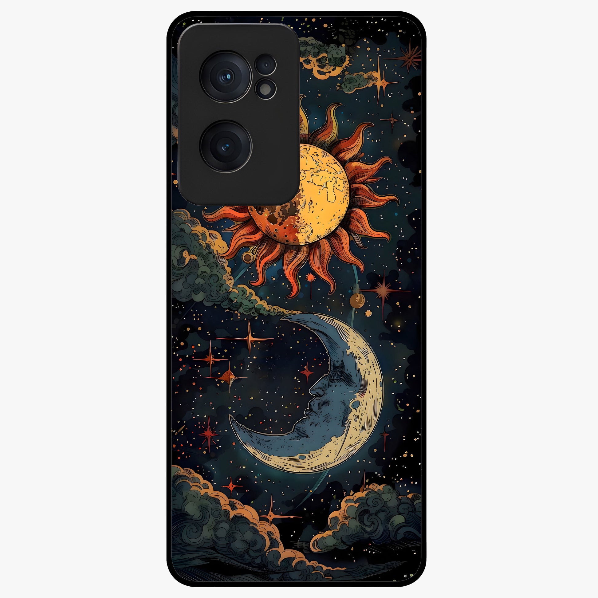 Sun and Moon Magic Design Glass Case for 1+Nord Ce 2  artistic front view featuring symbolic sun and moon artwork