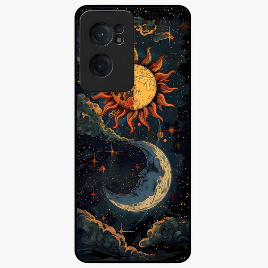 Sun and Moon Magic Design Glass Case for 1+Nord Ce 2  artistic front view featuring symbolic sun and moon artwork
