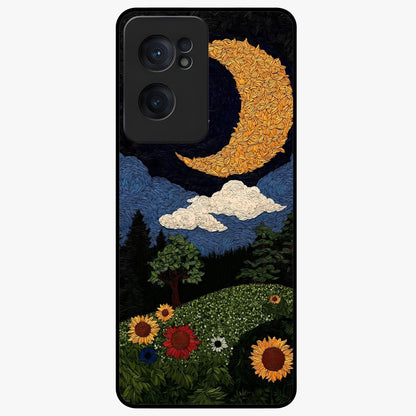 Sun and Moonflowers Glass Case for 1+Nord Ce 2  vibrant front view featuring floral artwork blended with sun and moon elements