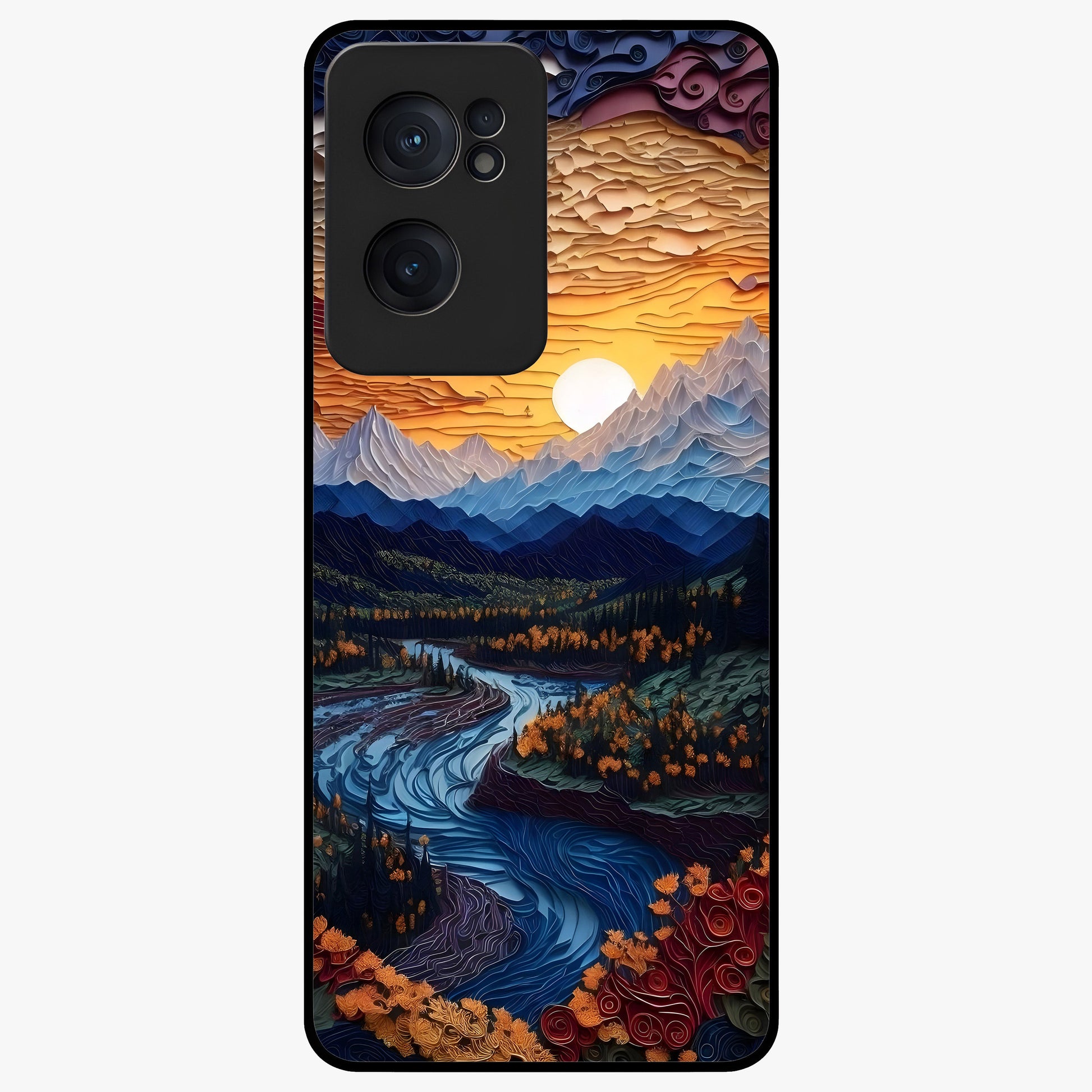 Sunrise River Dreams Glass Case for 1+Nord Ce 2  scenic front view featuring river landscape under glowing sunrise sky