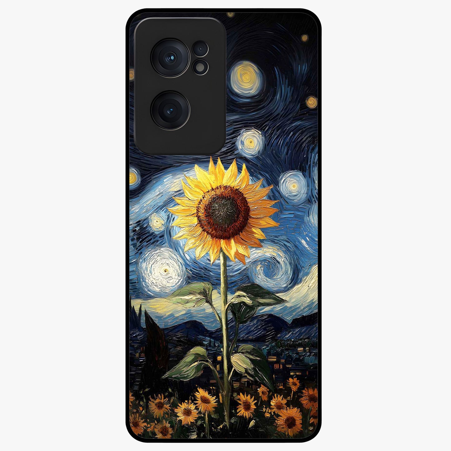 Van Gogh Sunflower Glass Case for 1+Nord Ce 2  vibrant front view featuring sunflower artwork in painterly style