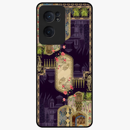 Velvet Mughal Art Glass Case for 1+Nord Ce 2  luxurious front view featuring intricate Mughal inspired artwork