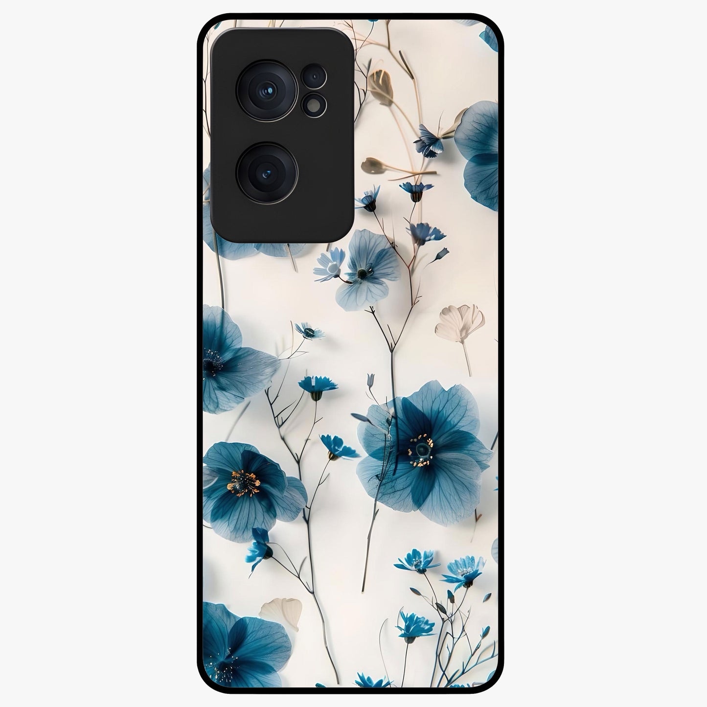 Whispers of Blue Bloom Glass Case for 1+Nord Ce 2  vibrant front view featuring blue floral artwork with soft glow