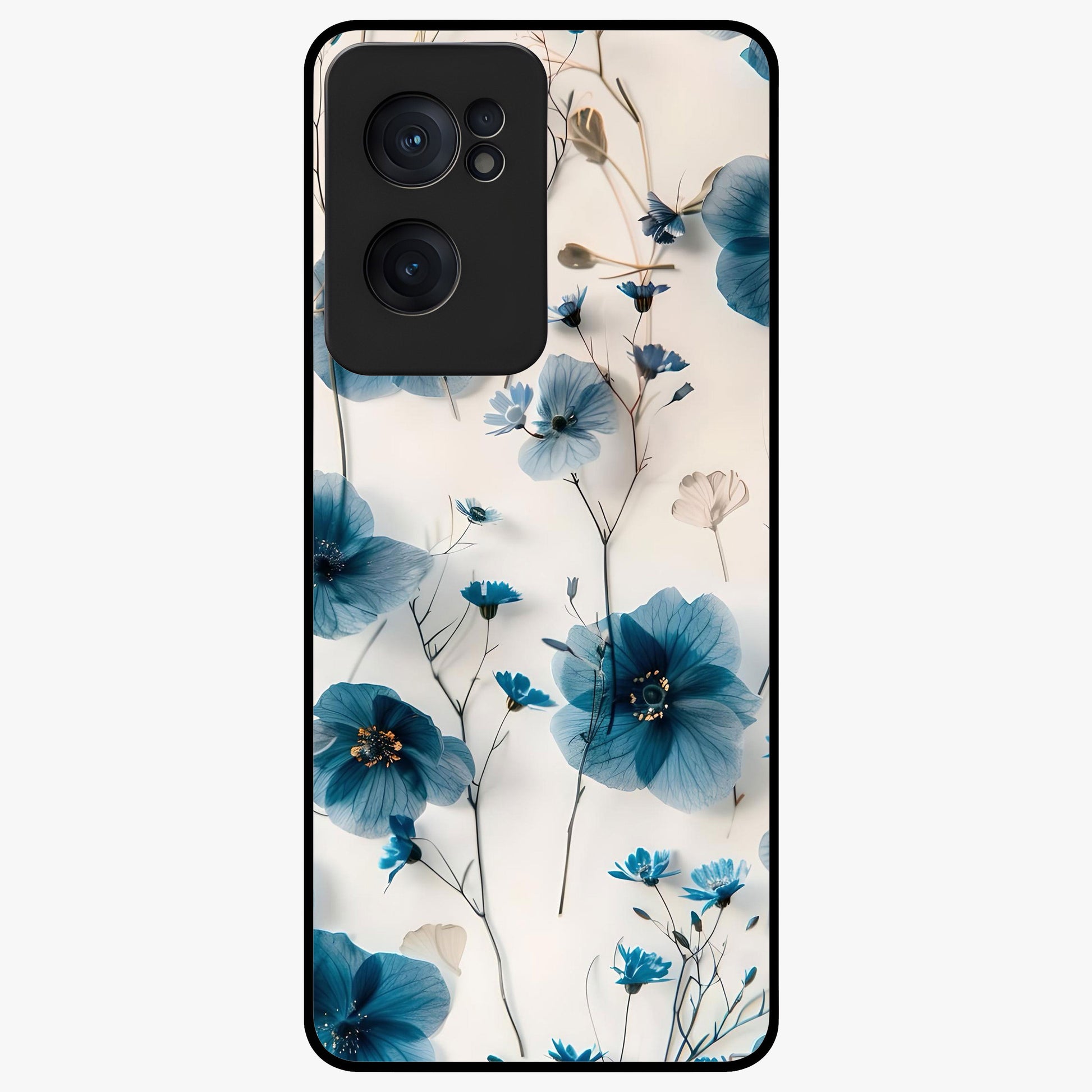 Whispers of Blue Bloom Glass Case for 1+Nord Ce 2  vibrant front view featuring blue floral artwork with soft glow