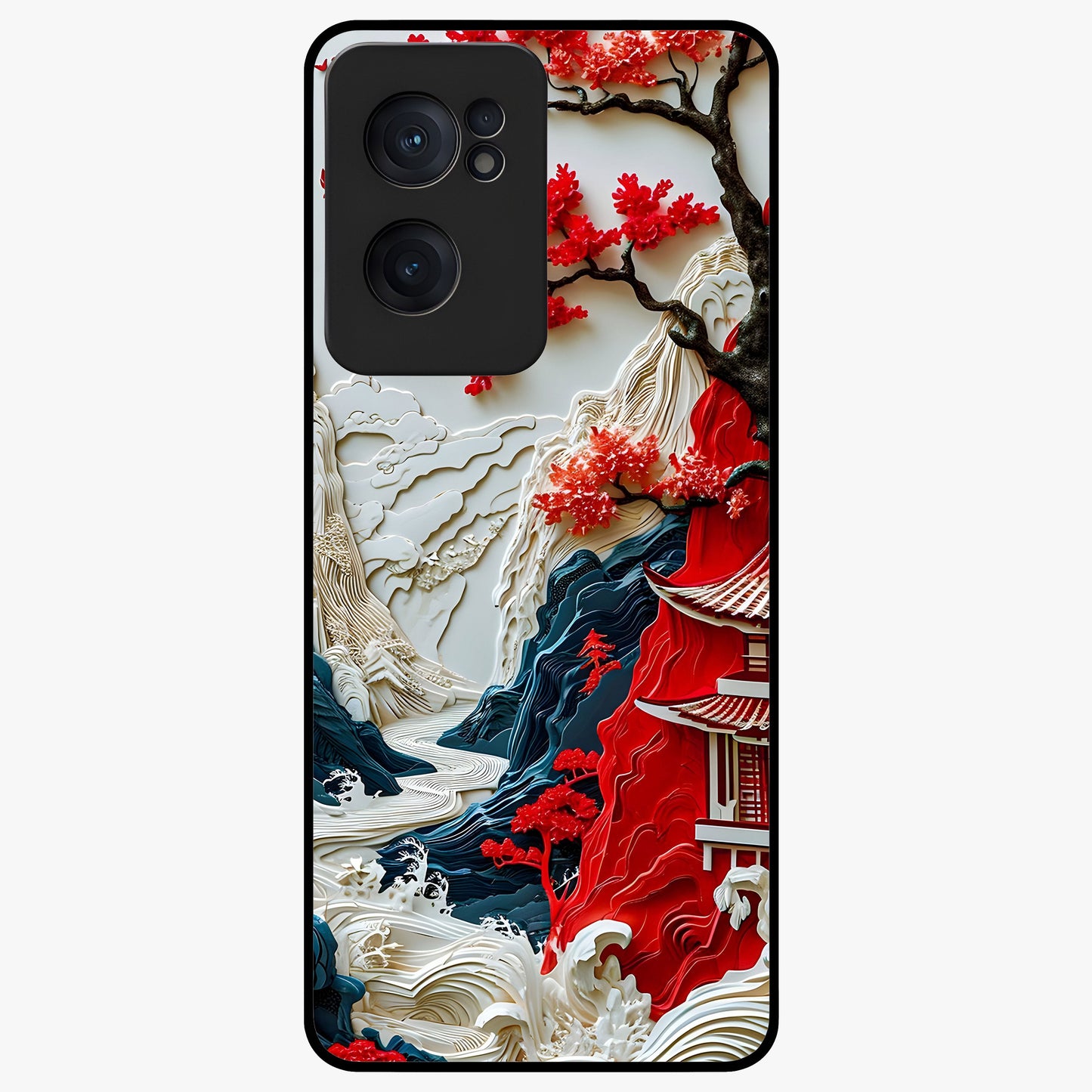 Whispers of Sakura Waves Glass Case for 1+Nord Ce 2  artistic front view featuring cherry blossom artwork blended with flowing waves
