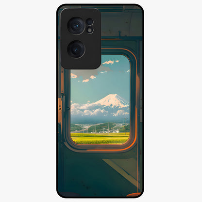 Window to Fuji Glass Case for 1+Nord Ce 2  scenic front view featuring Mount Fuji artwork framed through a window design