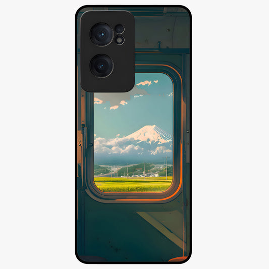 Window to Fuji Glass Case for 1+Nord Ce 2  scenic front view featuring Mount Fuji artwork framed through a window design