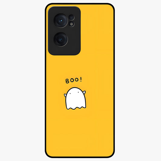Yellow Boo Ghost Glass Case for 1+Nord Ce 2  playful front view featuring cute ghost artwork in vibrant yellow tones