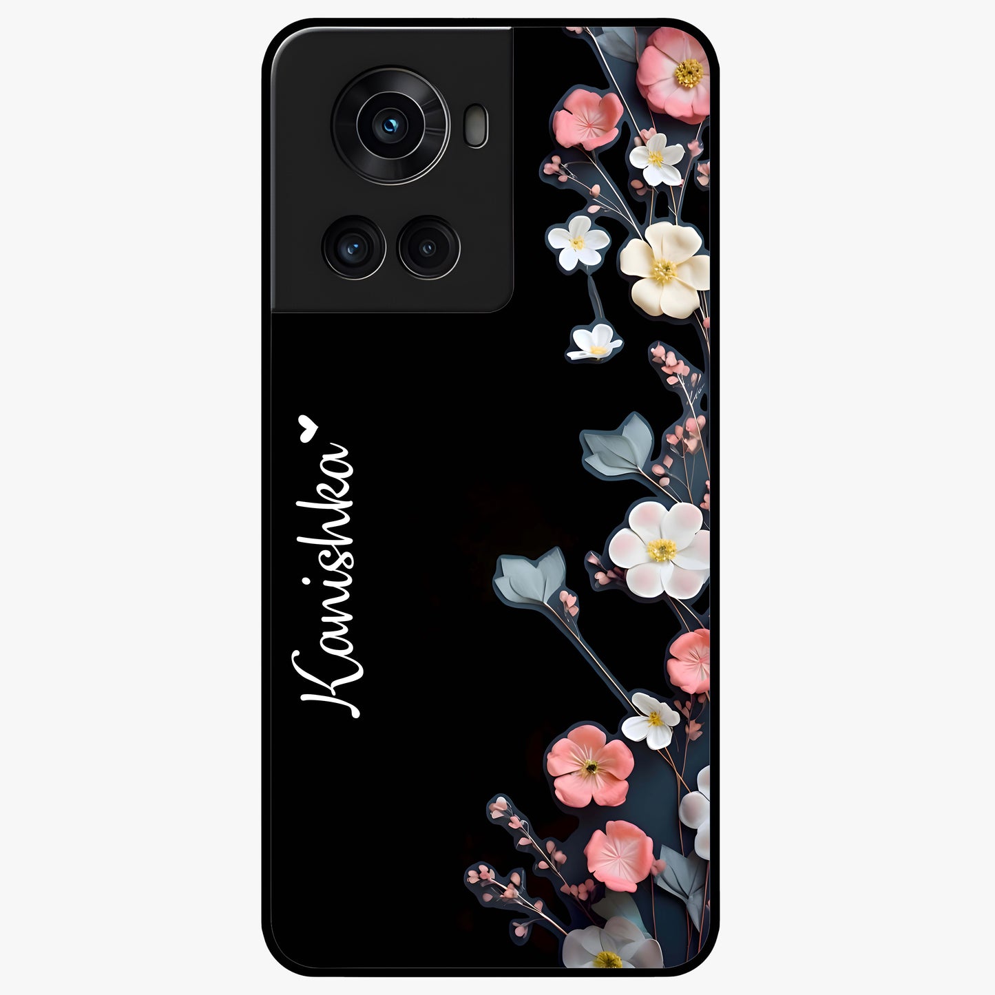 Black Elegance Floral Custom Name Glass Case for OnePlus 10R |1+10R