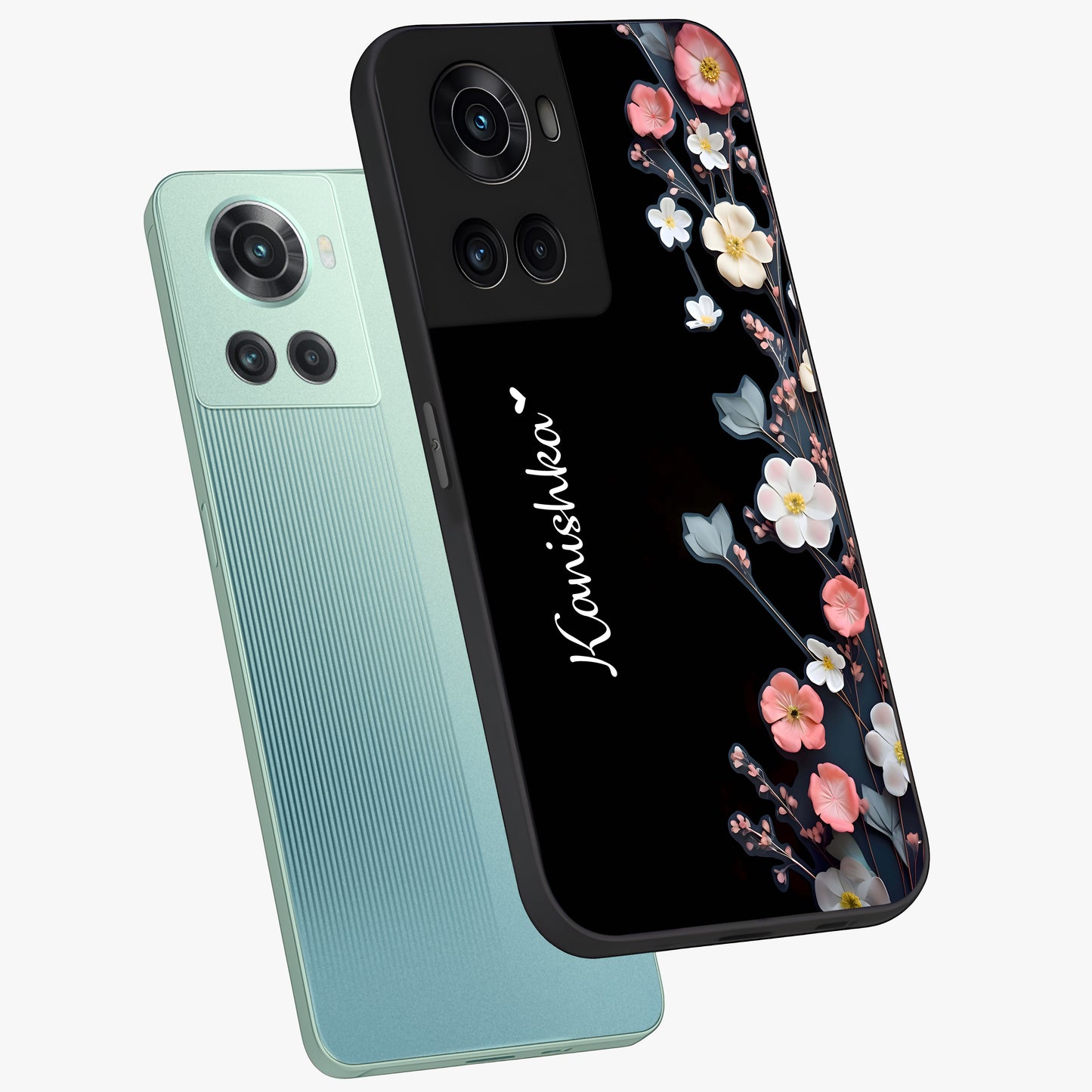 Black Elegance Floral Custom Name Glass Case for OnePlus 10R |1+10R