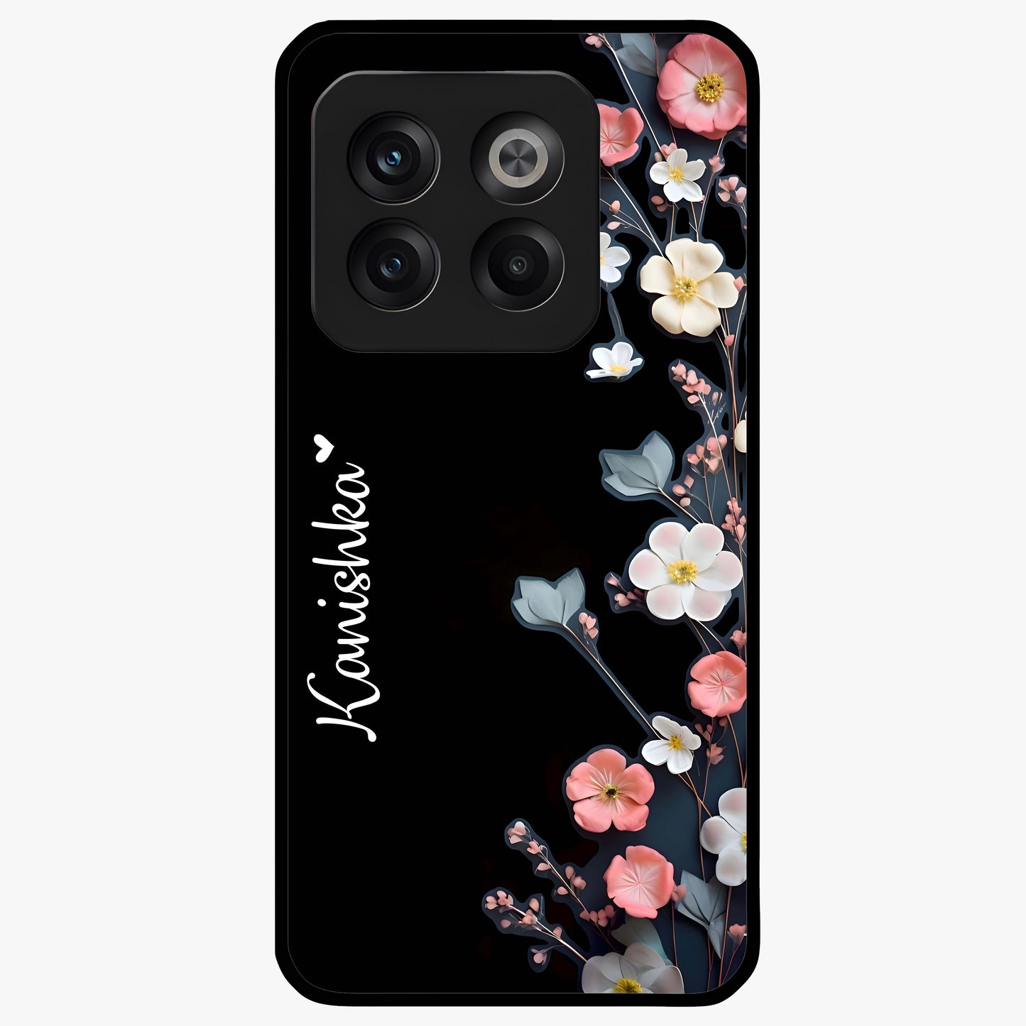 Black Elegance Floral Custom Name Glass Case for OnePlus 10T |1+10T