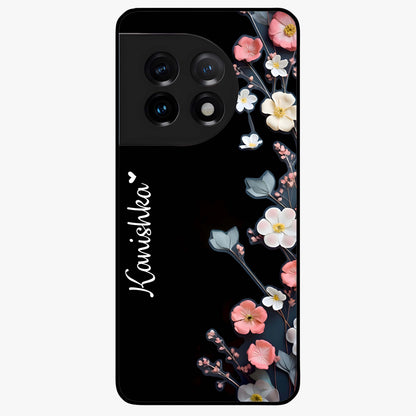 Black Elegance Floral Custom Name Glass Case for OnePlus 11 |1+11