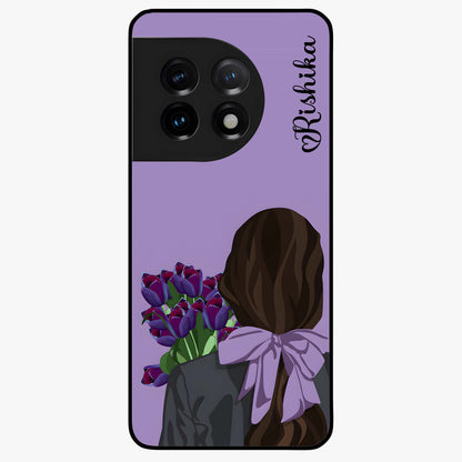 Girl Holding Flowers Custom Name Glass Case for OnePlus 11 |1+11