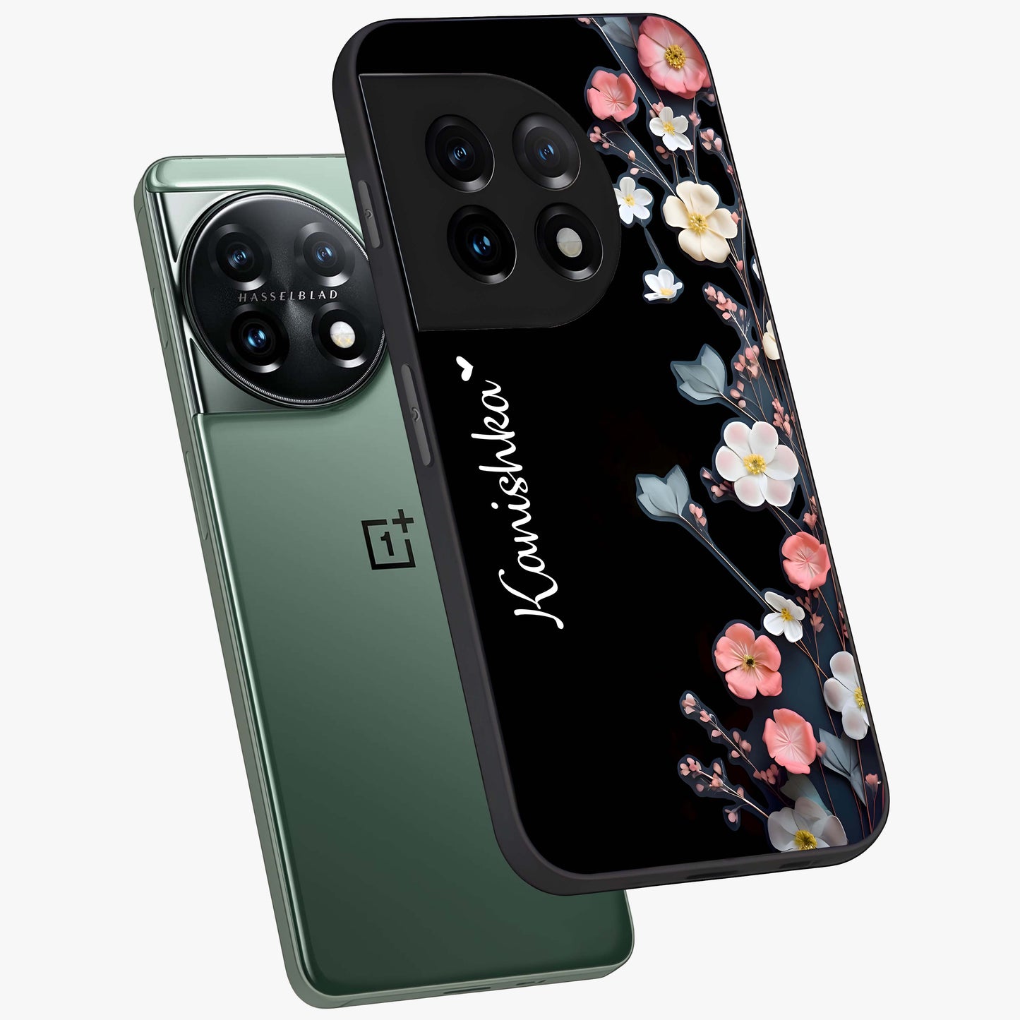 Black Elegance Floral Custom Name Glass Case for OnePlus 11 |1+11