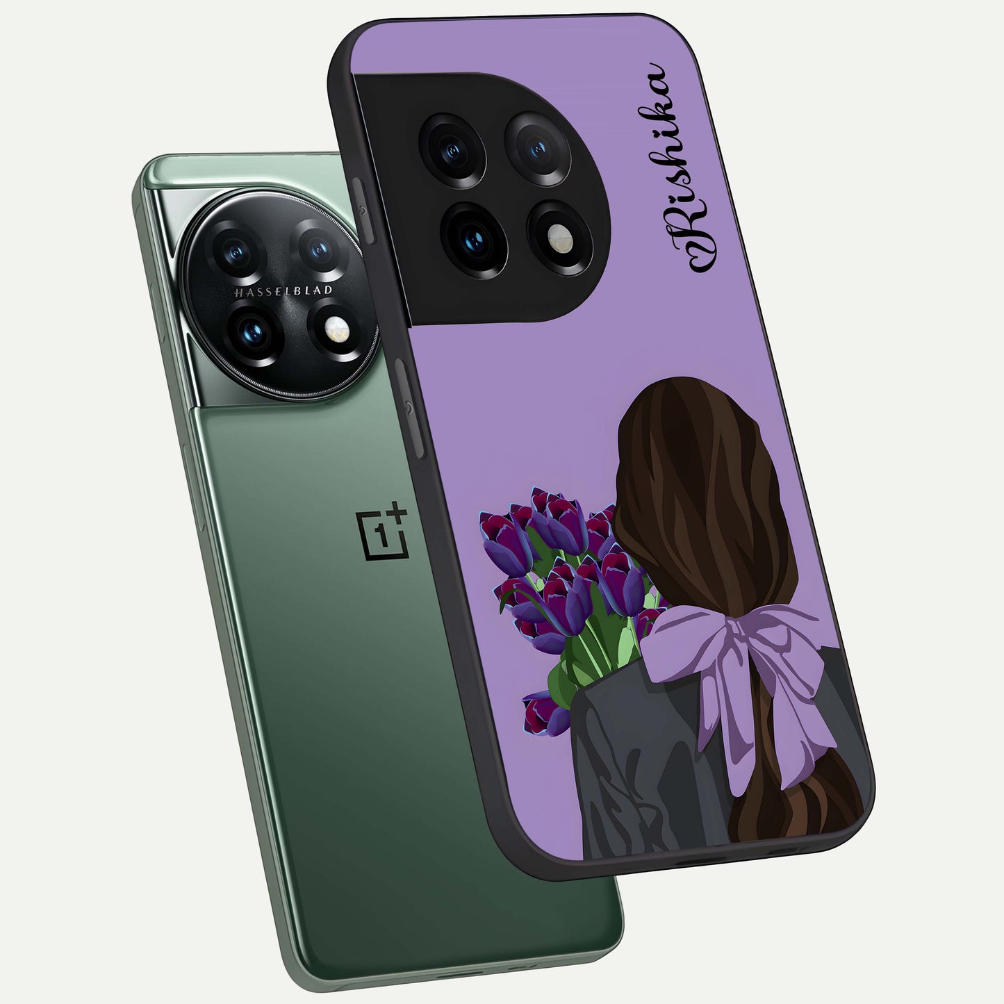 Girl Holding Flowers Custom Name Glass Case for OnePlus 11 |1+11