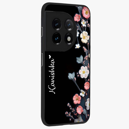 Black Elegance Floral Custom Name Glass Case for OnePlus 11 |1+11